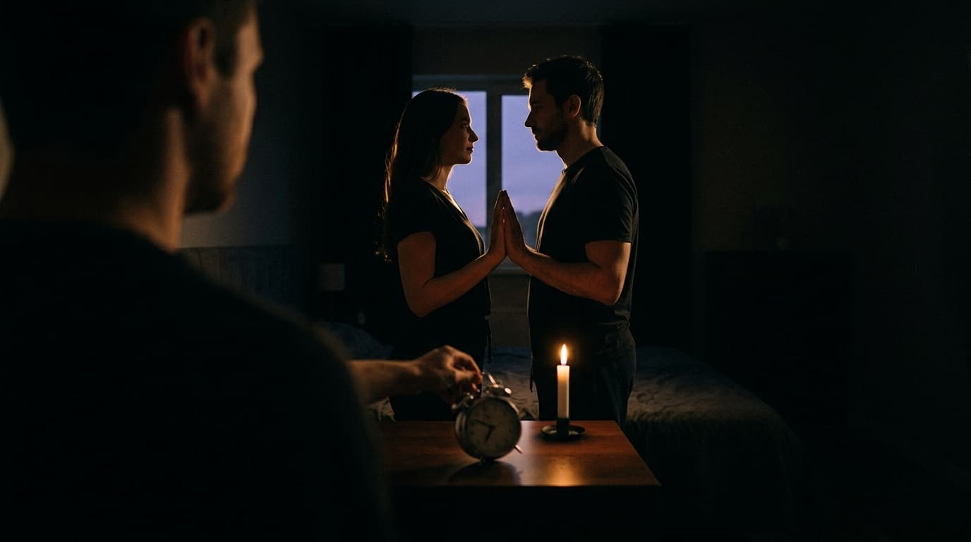 A couple stands in a dark bedroom, silhouettes against a single candle’s soft glow. They lock eyes, hands gently pressed t...