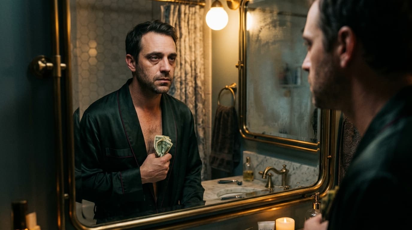 A man in a silk robe stands before a dimly lit vanity mirror, clutching a crumpled stack of bills. He stares at his own ti...