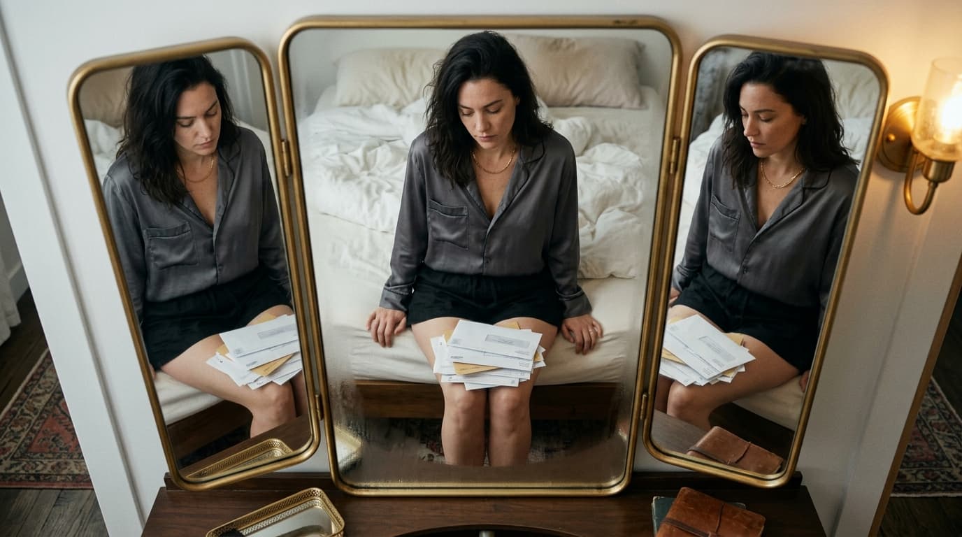 A woman sits on the edge of a bed, reflected in a vanity mirror. She wears an unbuttoned silk shirt, gazing at a stack of...