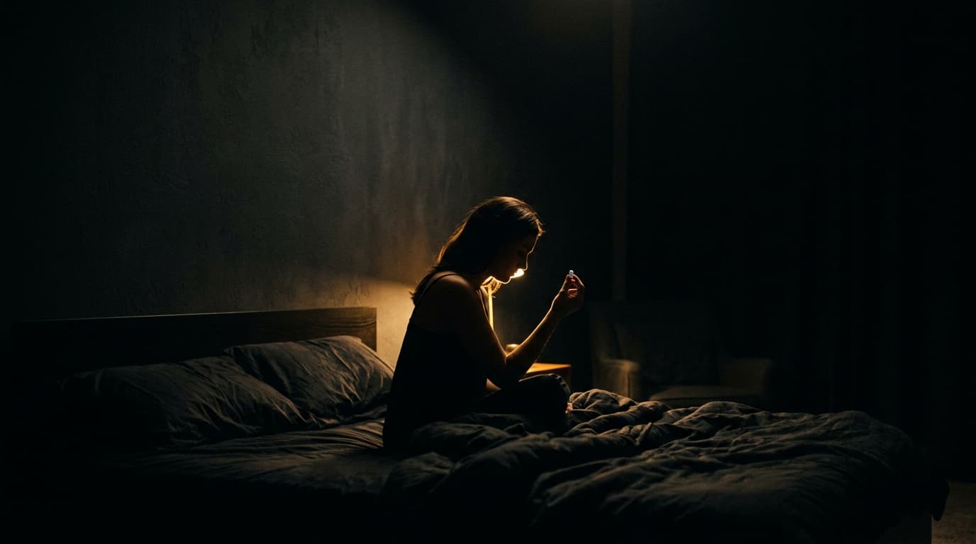 A woman sits on the edge of a bed, her silhouette cast against a dark wall. She holds a single white pill between her fing...