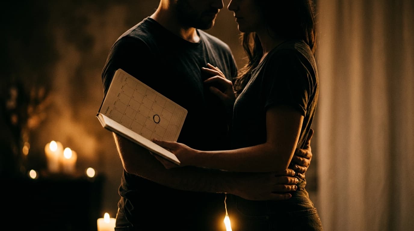 A couple stands chest-to-chest in shadow, candle-lit from below. One figure holds an open medical calendar with a single c...
