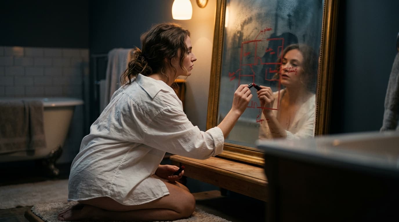 A woman in an oversized, unbuttoned white shirt gazes into a dimly lit vanity mirror, sketching a new floor plan for her b...