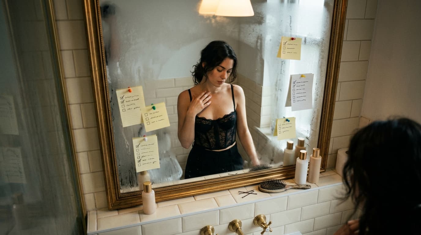 A woman in a black lace corset stands before a bathroom mirror, comparing two marked checklists pinned to the glass. She t...