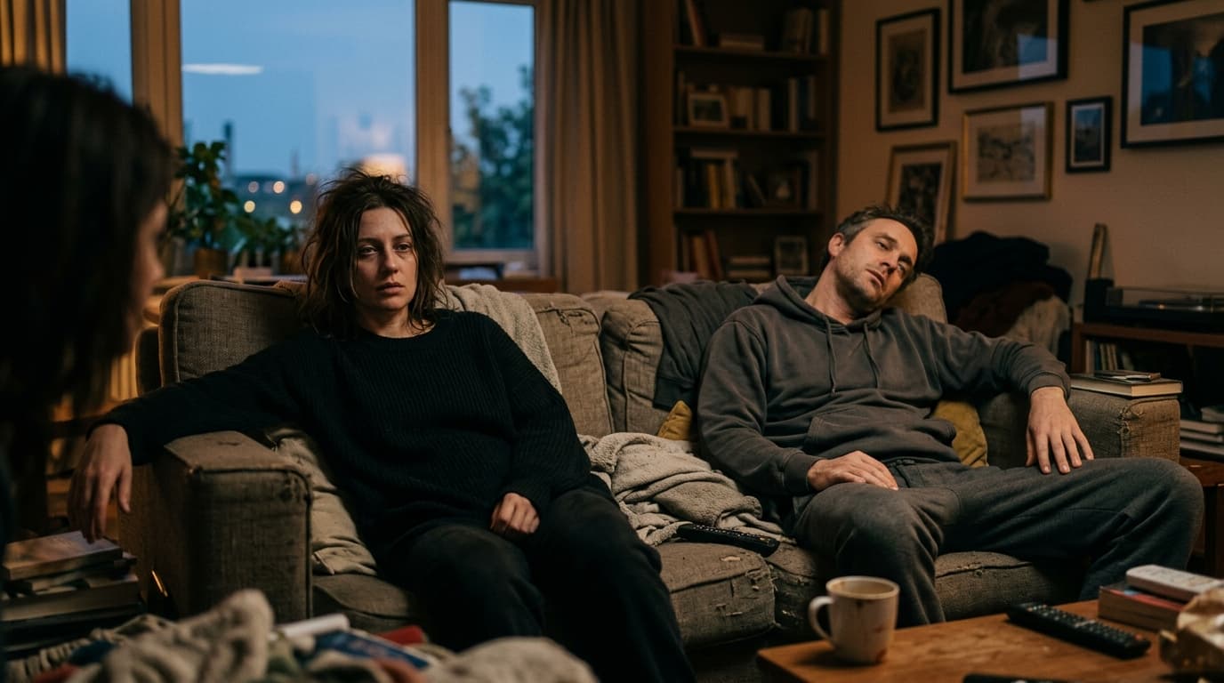 A couple sits on a cluttered sofa at dusk, exhausted, leaning away from each other. They wear loungewear, eyes glazed, han...
