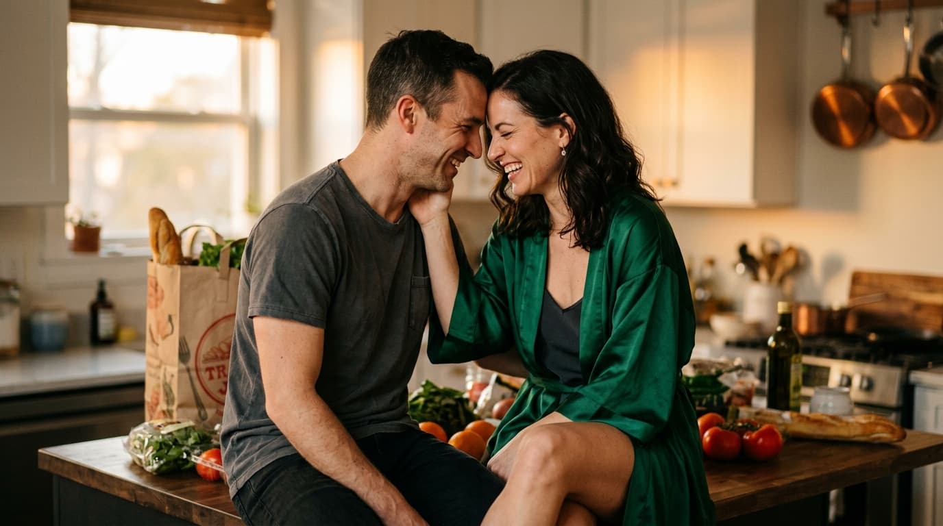 A man in a cotton tee and a woman in a silk robe sit on a kitchen island, shoulders relaxed, foreheads pressed together, s...