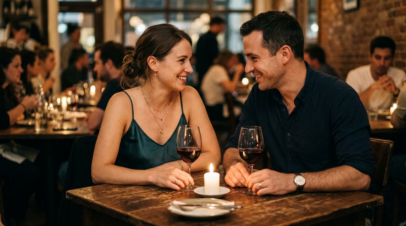 A woman in a silk camisole and a man in a rolled-sleeve shirt lean toward each other over a wooden table. They share a slo...