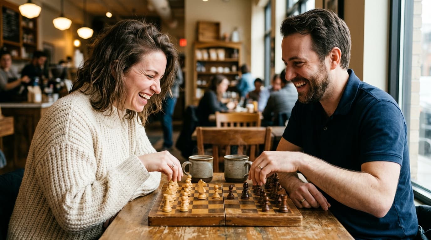 A woman in a chunky cream knit sweater and a man in a navy polo lean in over a chess set, hands hovering over pieces, mid-...