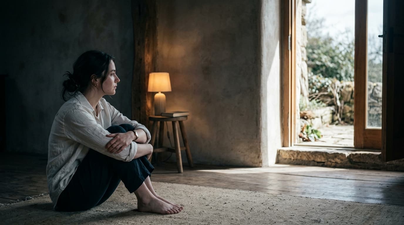 A woman in a white linen shirt sits on the far left edge of a beige floor, knees drawn up, gazing toward an empty, sunlit...