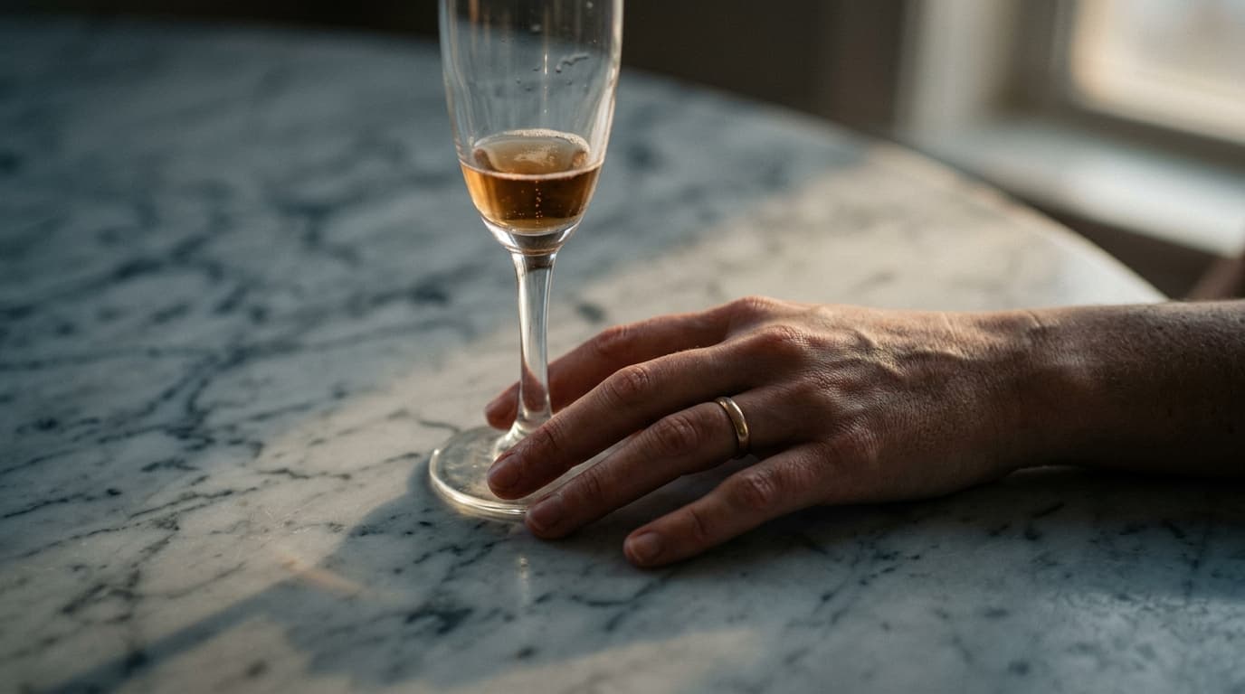 Extreme macro of a person’s hand resting on a cool marble surface, fingers inches away from a discarded, half-empty champa...
