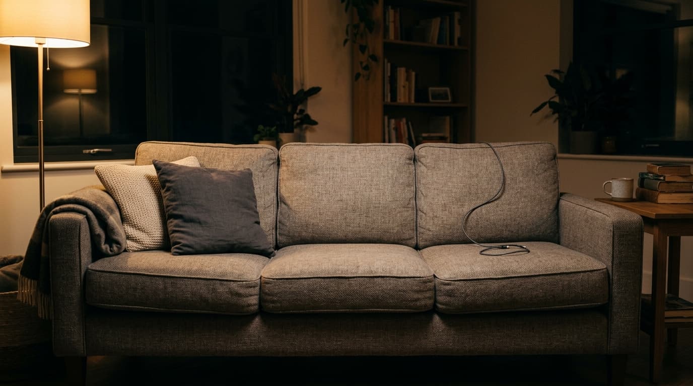 A wide-angle, symmetrical shot of a sofa at night. One cushion is slightly indented, while on the opposite end, a phone ch...