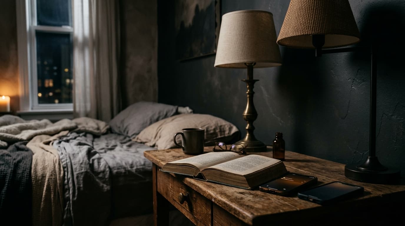 Two bedside lamps are switched off, leaving the room in shadows. A single open book lies face-down on the nightstand, rest...