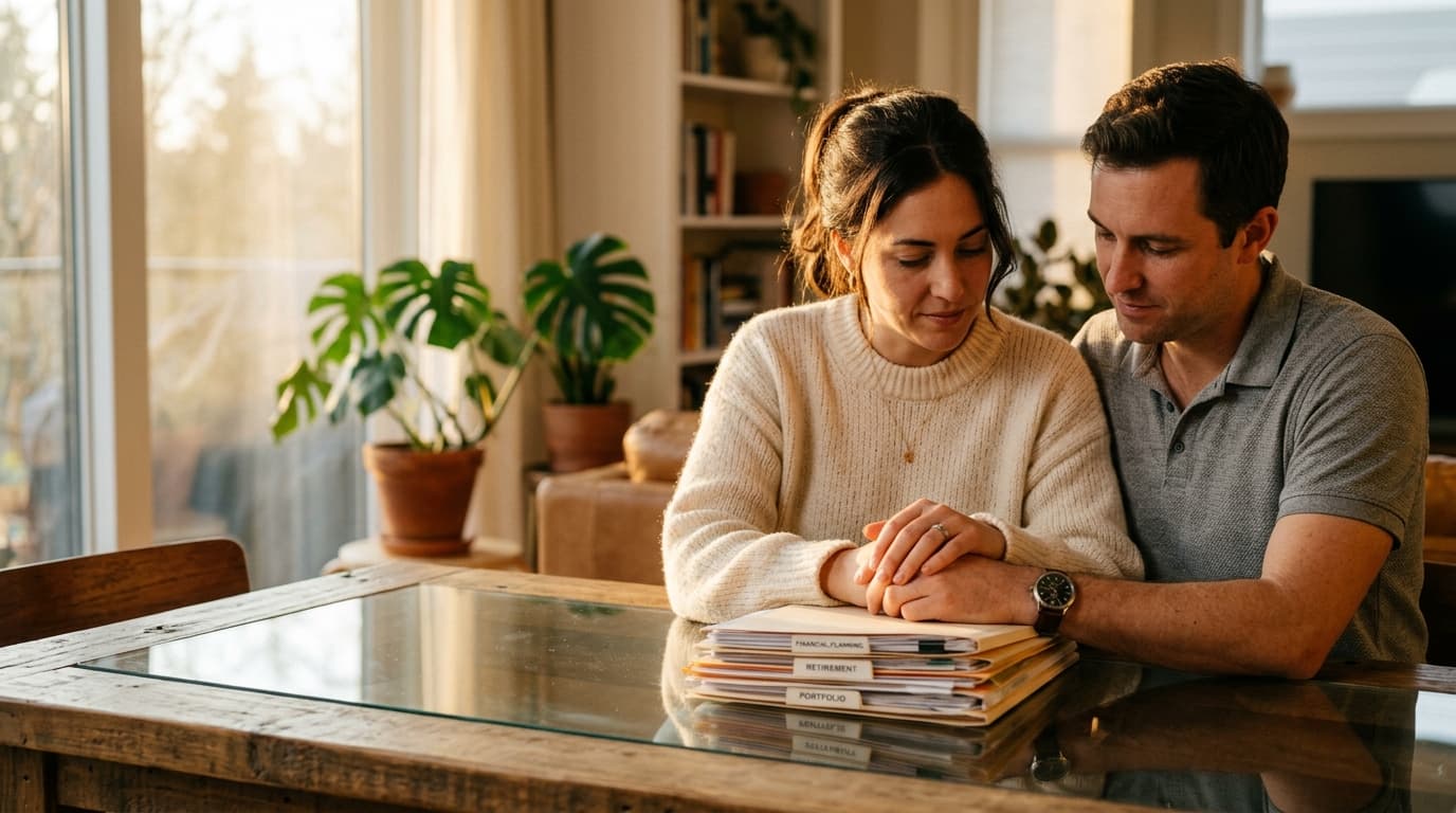 A woman in a cream sweater and a man in a grey polo sit at a glass dining table, reviewing documents together, hands clasp...
