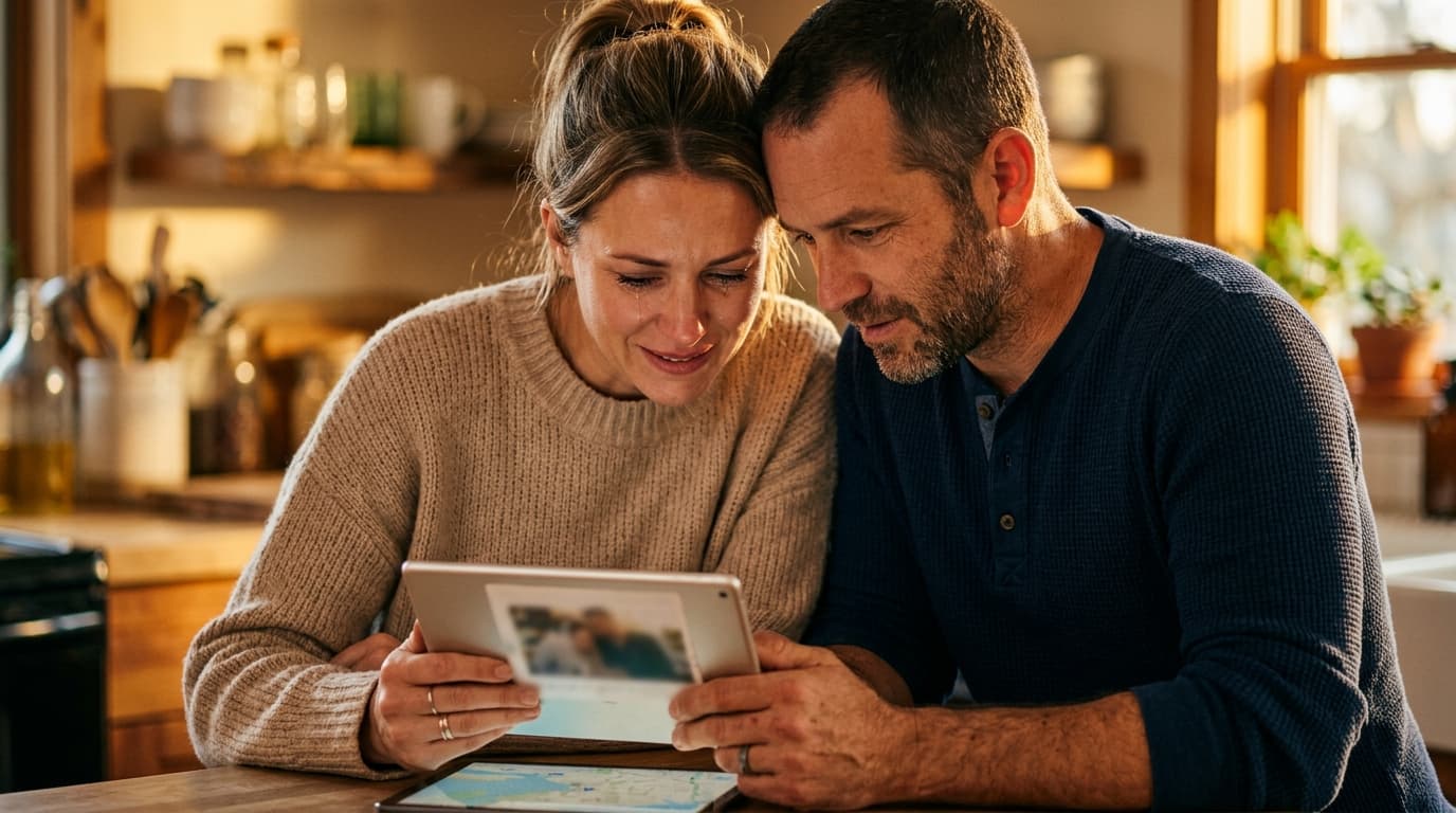 Extreme macro, golden hour. Two people sit at a kitchen island, focused intently on a shared digital tablet. The man wears...