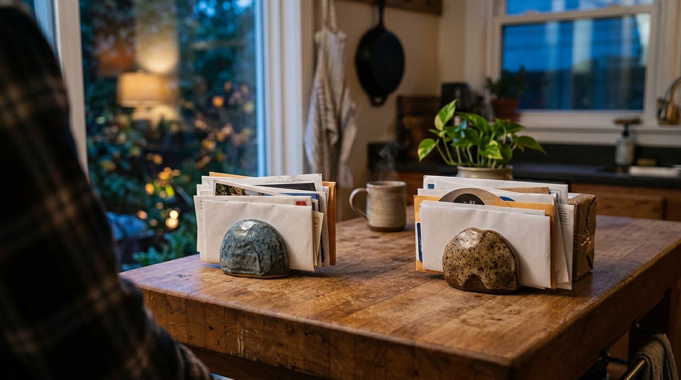 Over-the-shoulder view of a kitchen island at blue hour. Two separate stacks of sorted mail, each held by a distinct heavy...