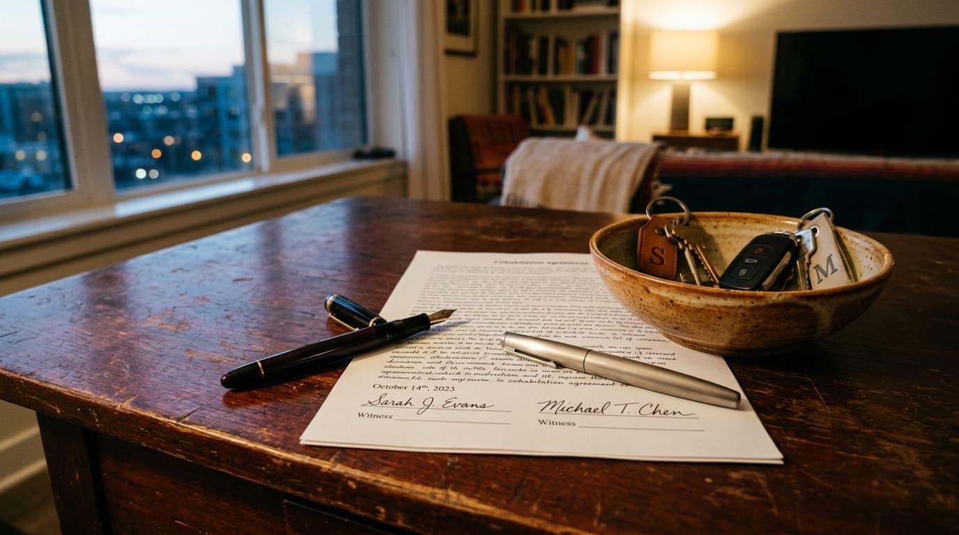 Low-angle hero shot of a mahogany desk featuring two fountain pens resting on a signed cohabitation agreement, beside a si...