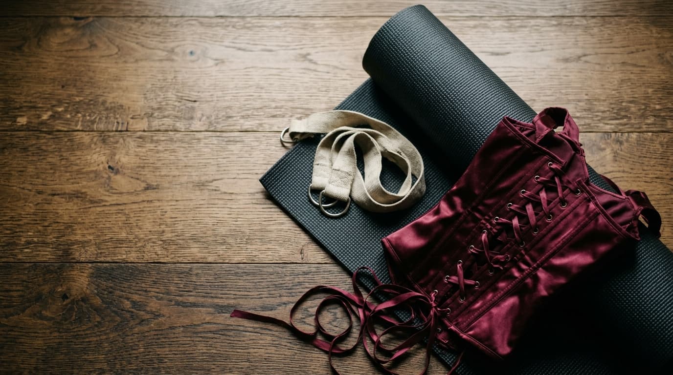 An overhead flat-lay of a rolled-up black yoga mat, a linen strap, and a single satin corset draped over the edge, capture...