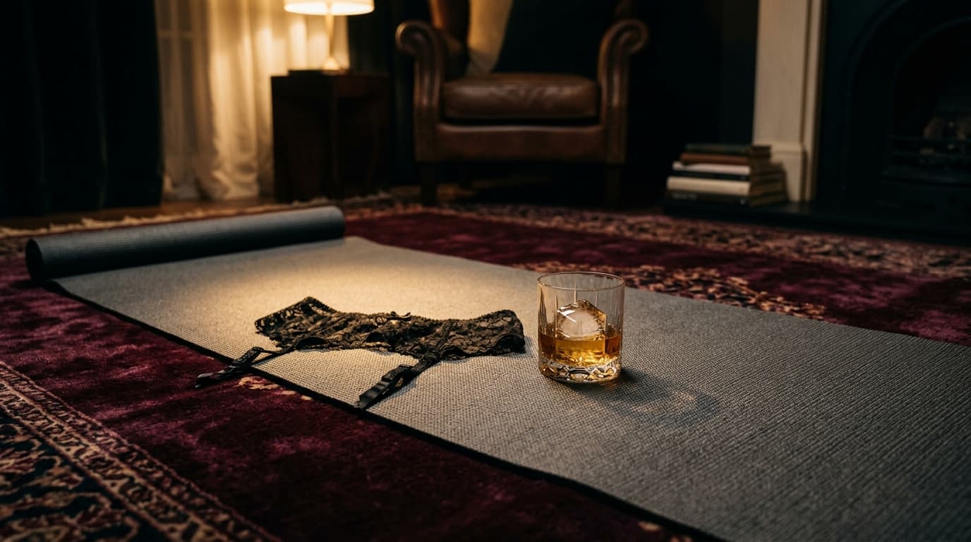 A textured yoga mat lies unrolled on a dark rug. A black lace garter belt rests delicately atop the mat near a single glas...