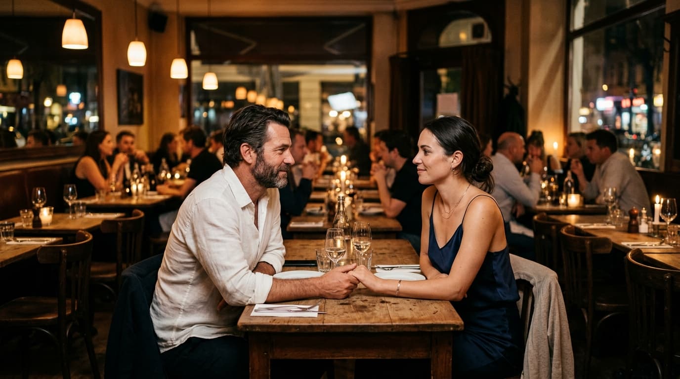 A man in a crisp white linen shirt and a woman in a navy silk camisole sit opposite each other, sharing a gentle, groundin...