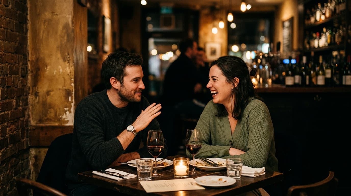 A man in a dark charcoal sweater and a woman in a sage green cardigan sit at a cluttered corner table, she mid-laugh while...