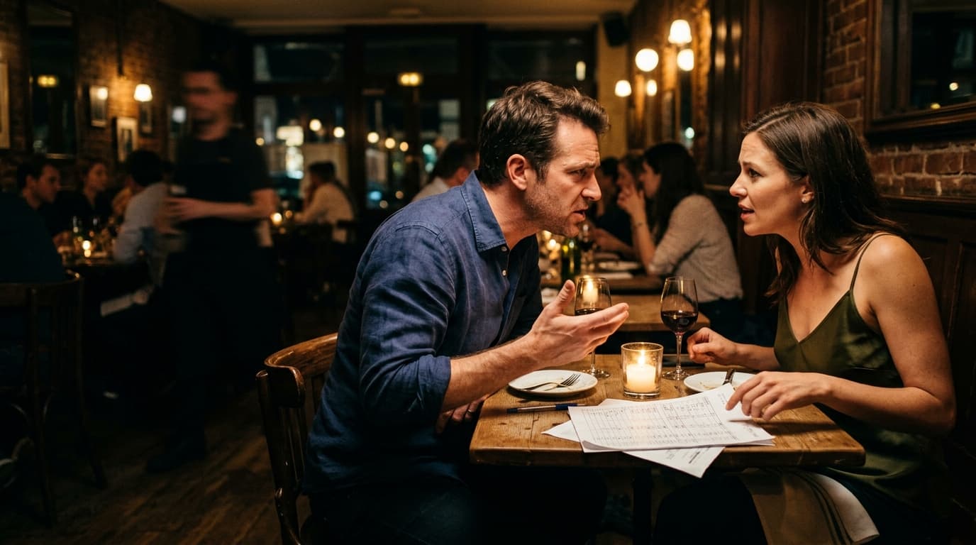 A man in a linen shirt and a woman in a silk camisole lean across a dimly lit bistro table, arguing over a shared budget s...