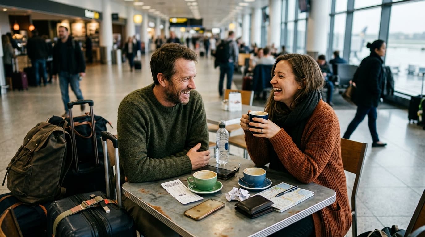 A man in a rugged wool sweater and a woman in a knit cardigan sit at a cluttered airport terminal table, laughing amidst s...