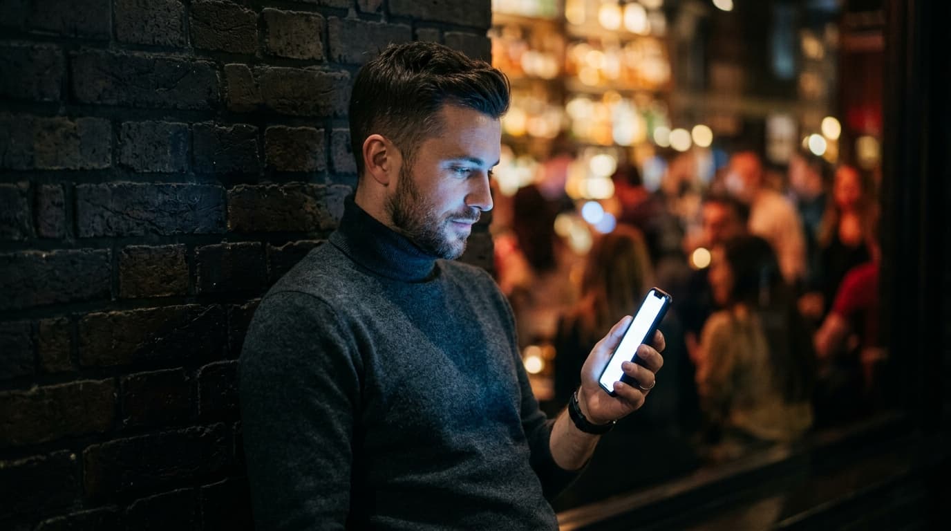 A man in a charcoal turtleneck leans against a dimly lit brick wall at night. He holds a glowing smartphone, his expressio...