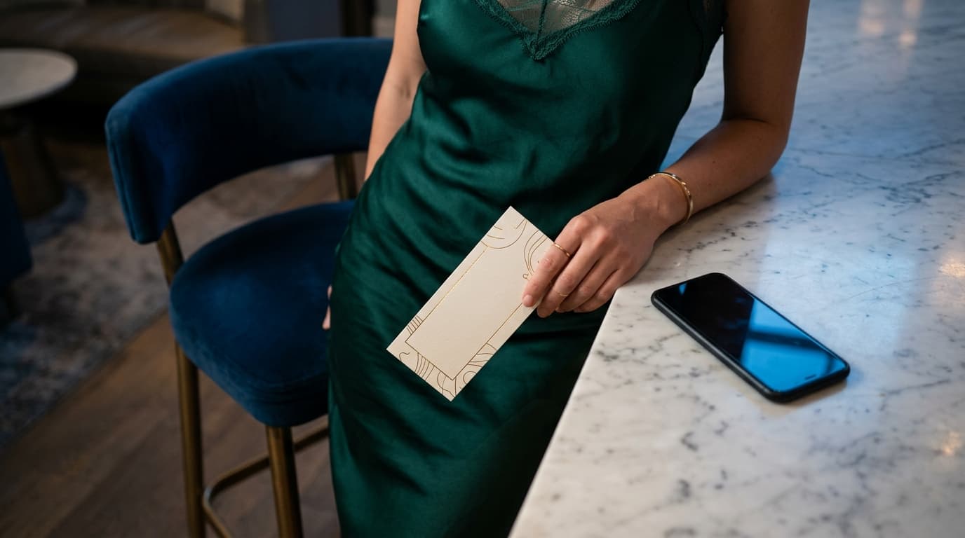 A woman in a silk slip dress leans against a velvet bar stool, holding an invitation ticket. Beside her, an unlit smartpho...
