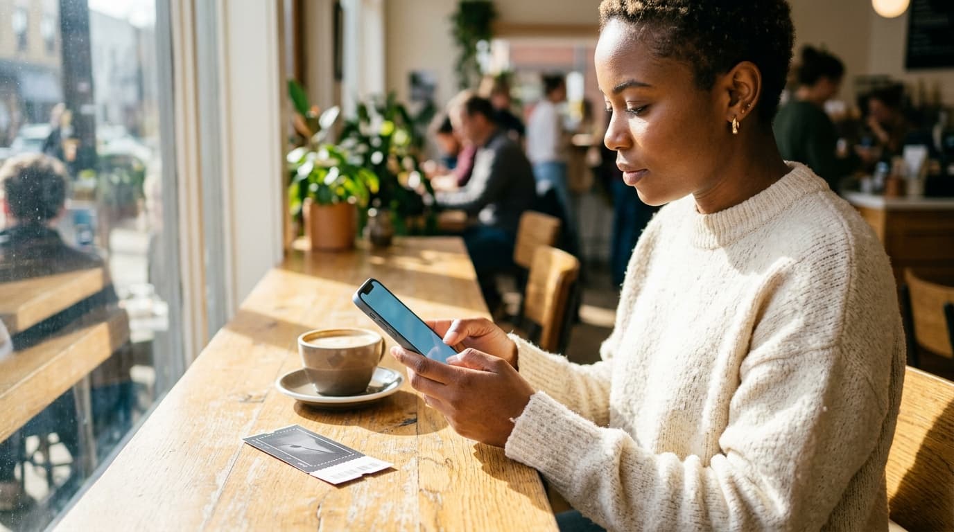 A woman in a cream wool sweater sits at a bright cafe table, holding a sleek smartphone. Beside her, a physical event tick...