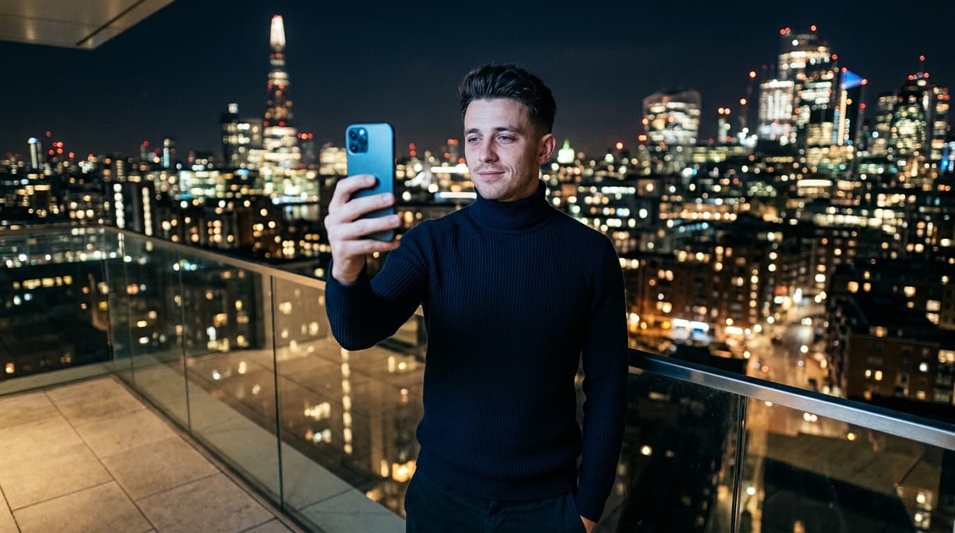 A man in a navy turtleneck stands against a city skyline at midnight. He holds a phone toward his face to record a video c...