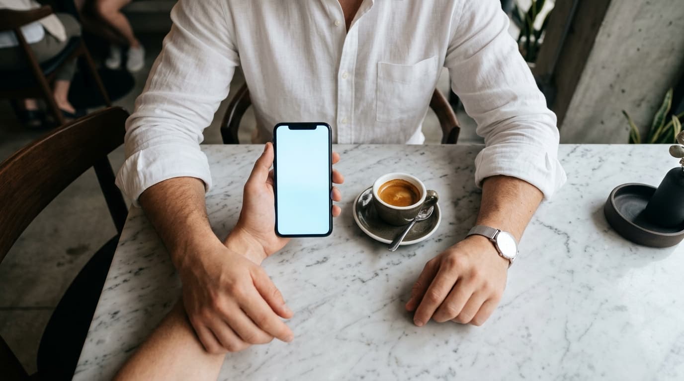 An overhead flat-lay of a man in a crisp white linen shirt sitting at a marble cafe table, holding a smartphone showing a...