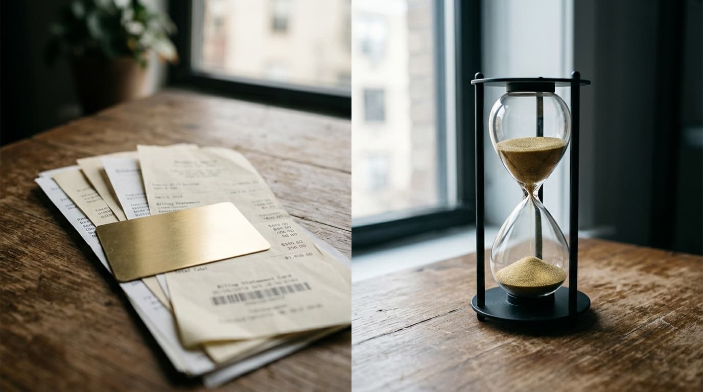A gold-plated credit card rests on a stack of Tinder "Gold" subscription invoices, positioned beside a sleek, minimalist h...
