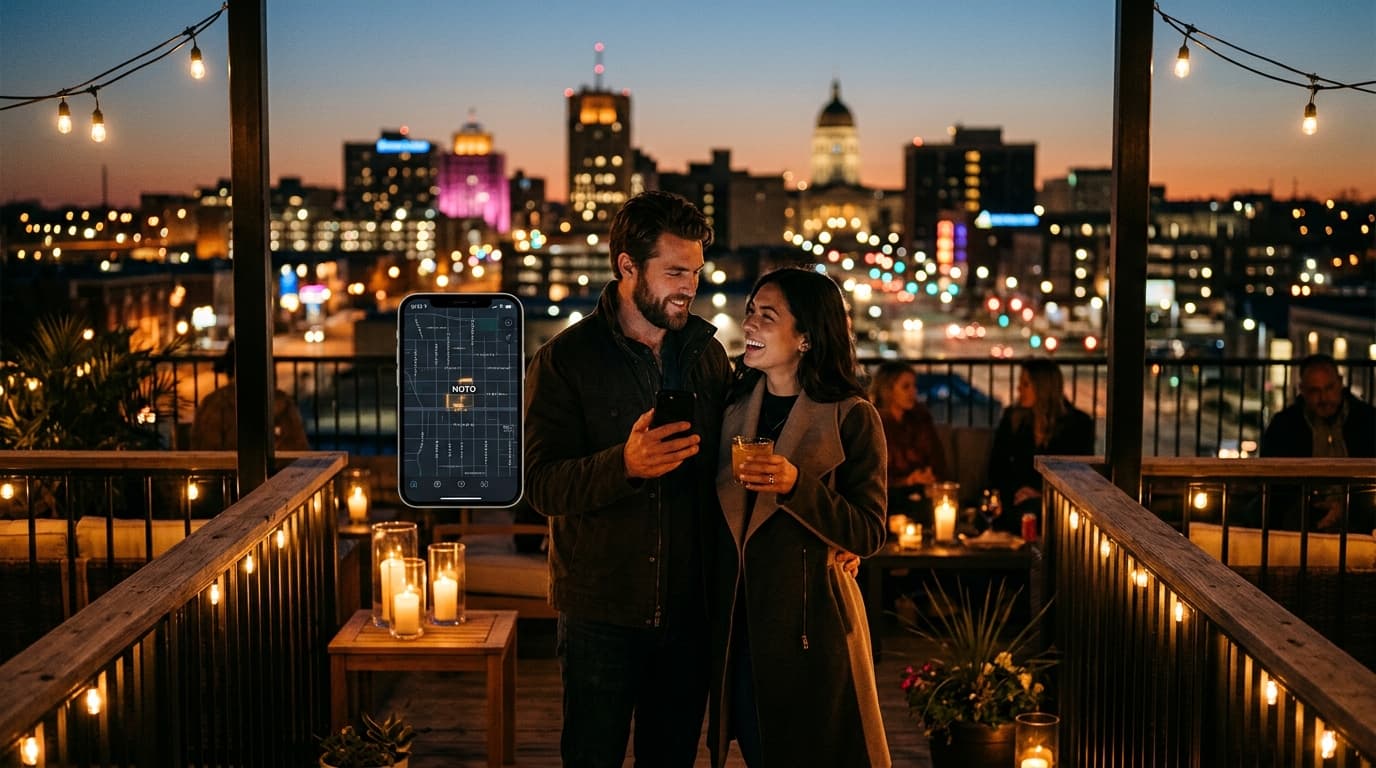 A couple stands on a dark, candle-lit patio overlooking the glowing Topeka skyline. A smartphone held in the man’s hand di...