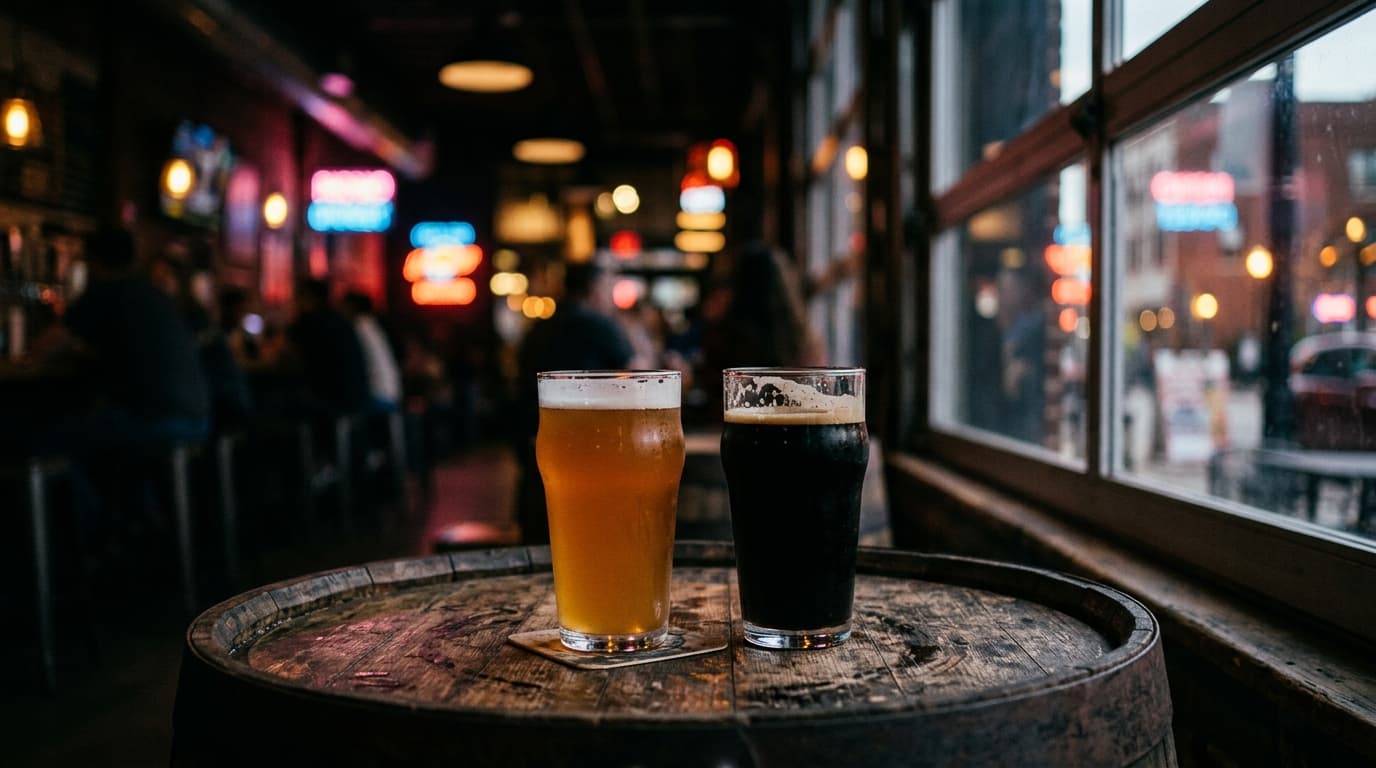 A pair of craft beer glasses sit on a weathered wooden barrel table at Norsemen Brewing, with the warm, blurry glow of the...
