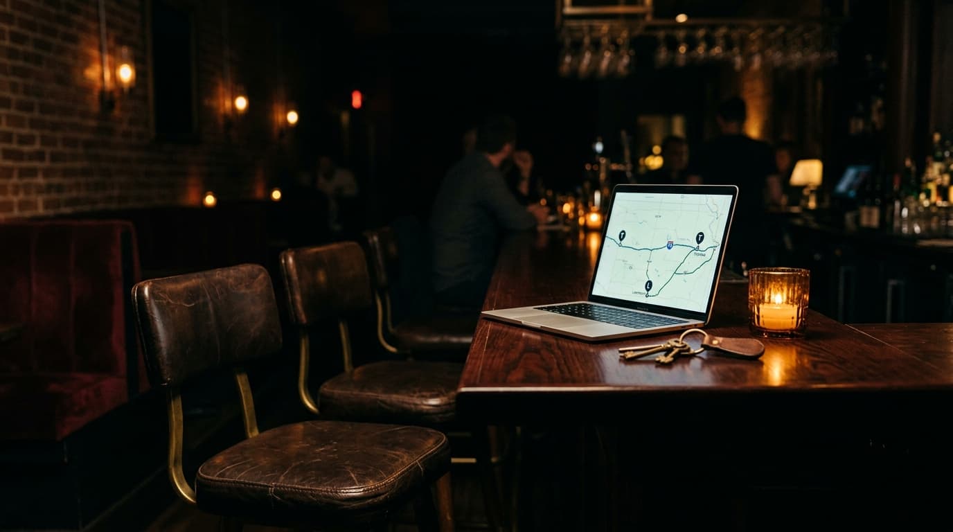 A low-angle shot from a darkened Topeka cocktail lounge features two leather barstools. Resting on the mahogany surface ar...