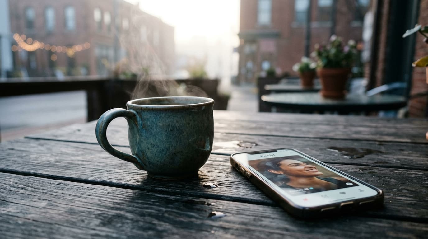 A 100mm macro shot captures a steaming ceramic mug sitting on a weathered wooden table in the NOTO arts district, next to...