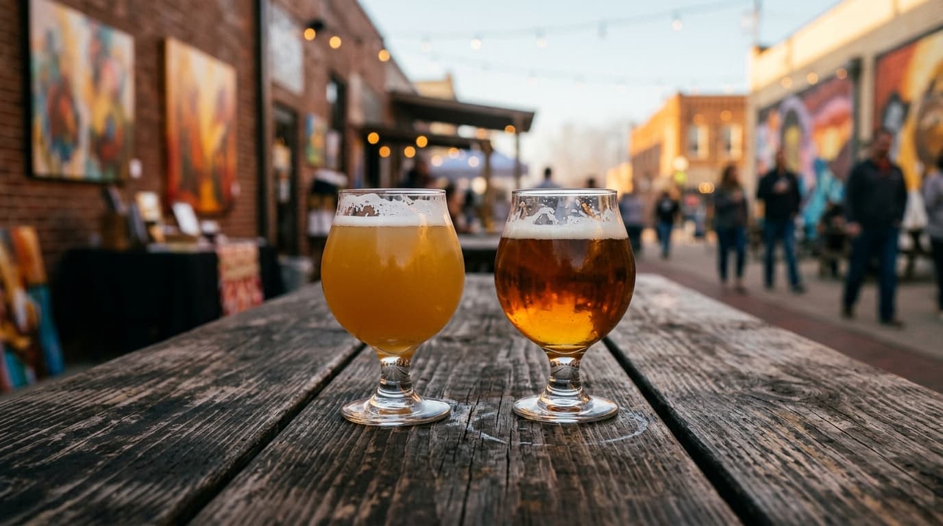 Golden hour light hits two craft beer glasses on a weathered NOTO brewery table, selective focus blurring vibrant gallery...