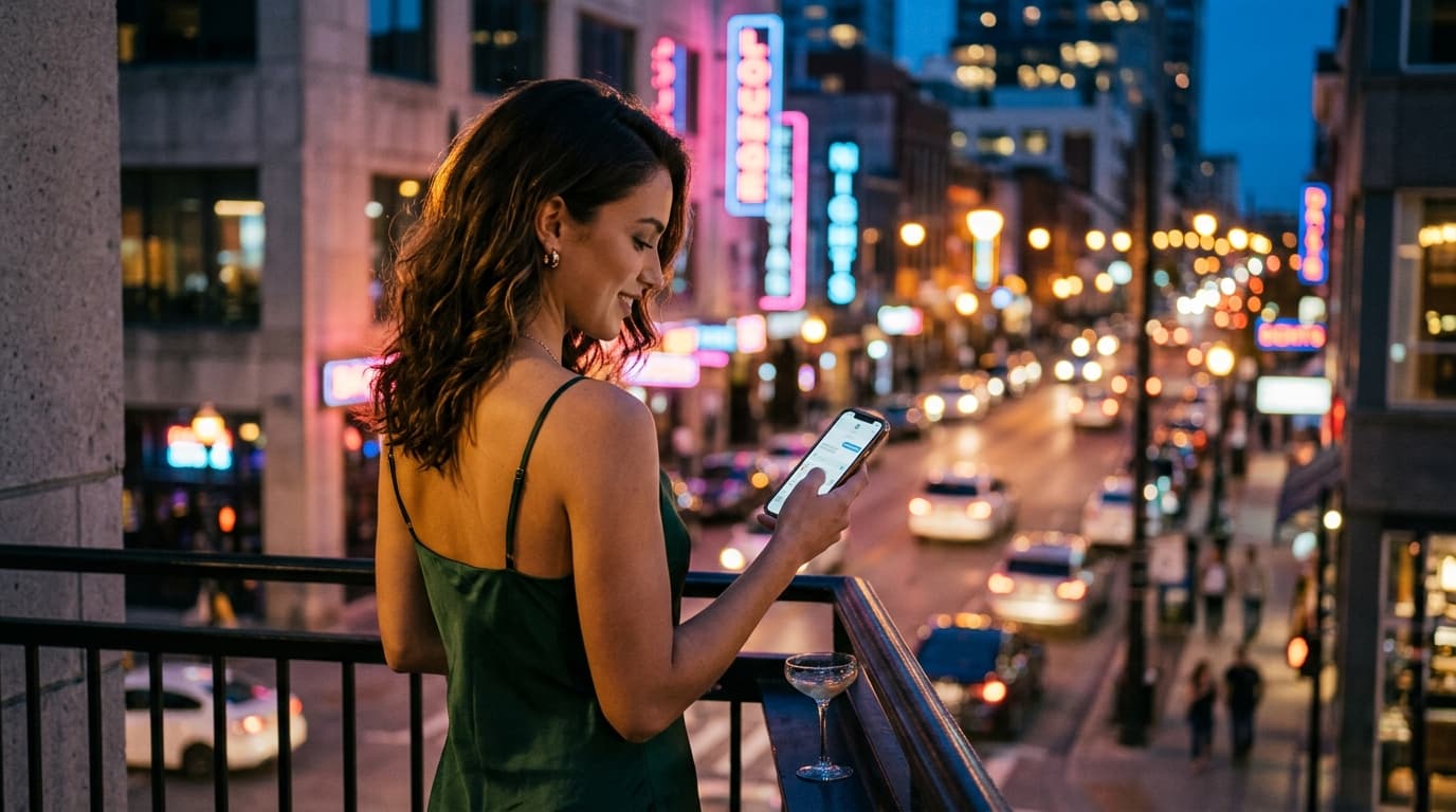 An 85mm portrait, offset left, of a woman in a sleek silk slip dress standing on a downtown balcony, holding a smartphone....