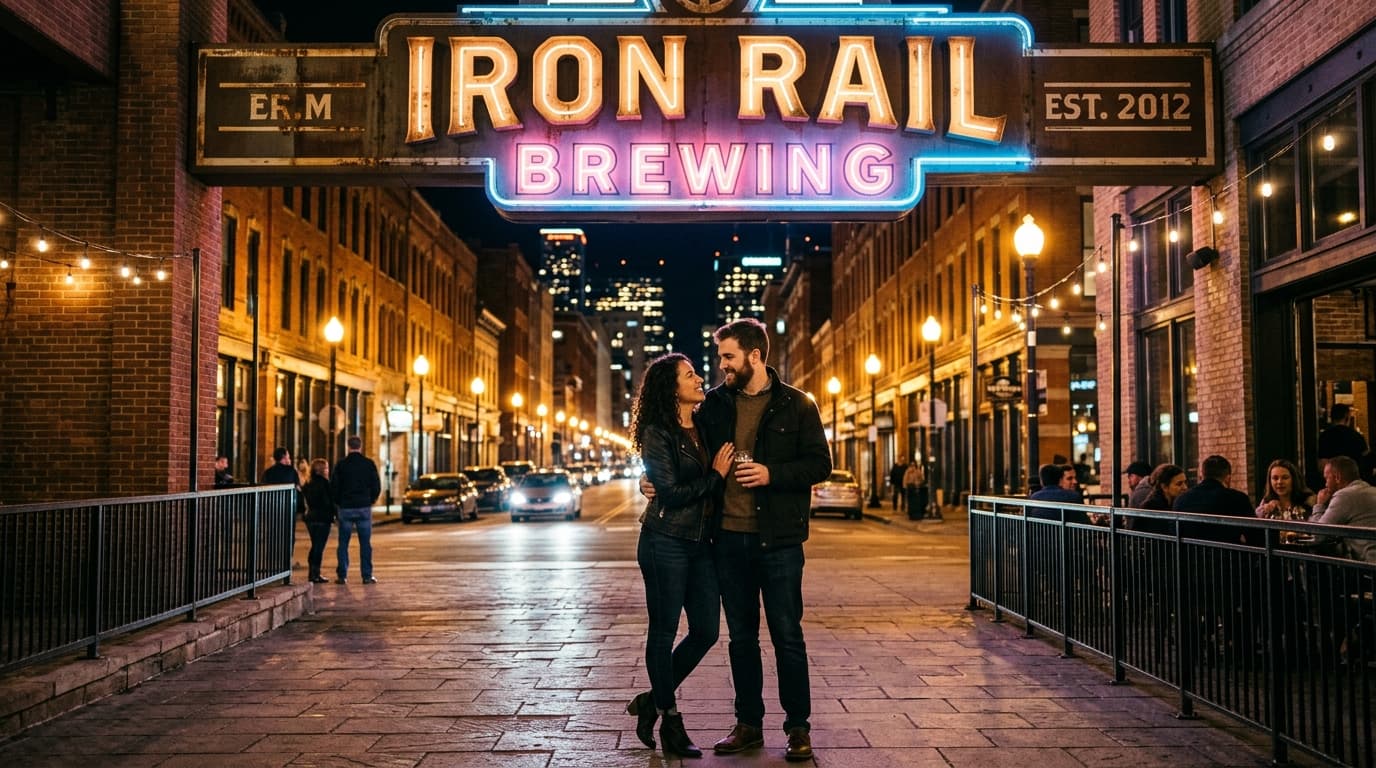 Low-angle hero shot of a couple standing under the glowing exterior sign of an Iron Rail Brewing entrance. The midnight ci...