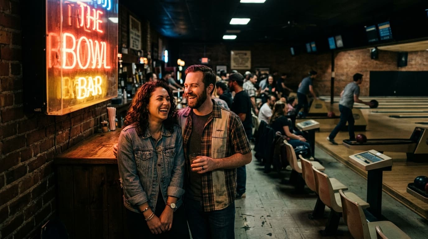 Low-angle hero shot of a couple laughing beside a flickering neon sign inside a dimly lit bowling alley, offset left, 85mm...