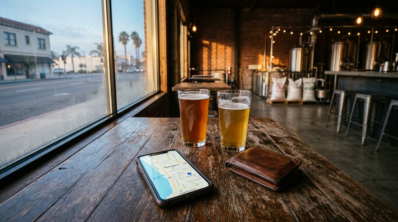 A 24mm centered shot of a leather wallet and two local craft beer glasses on a weathered wooden table at a brewery, with a...