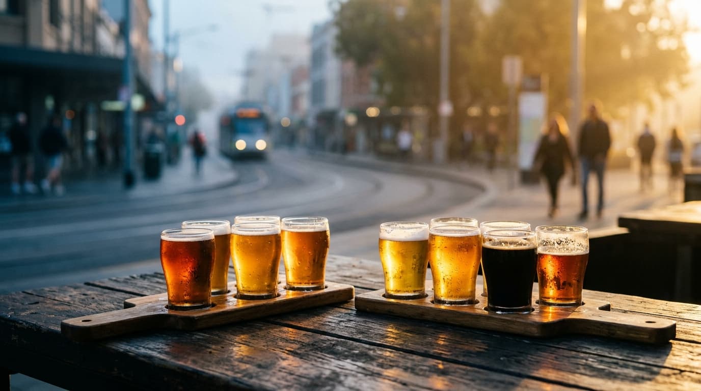 A close-up of two amber craft beer flights resting on a weathered industrial wooden table. Golden hour light catches the c...