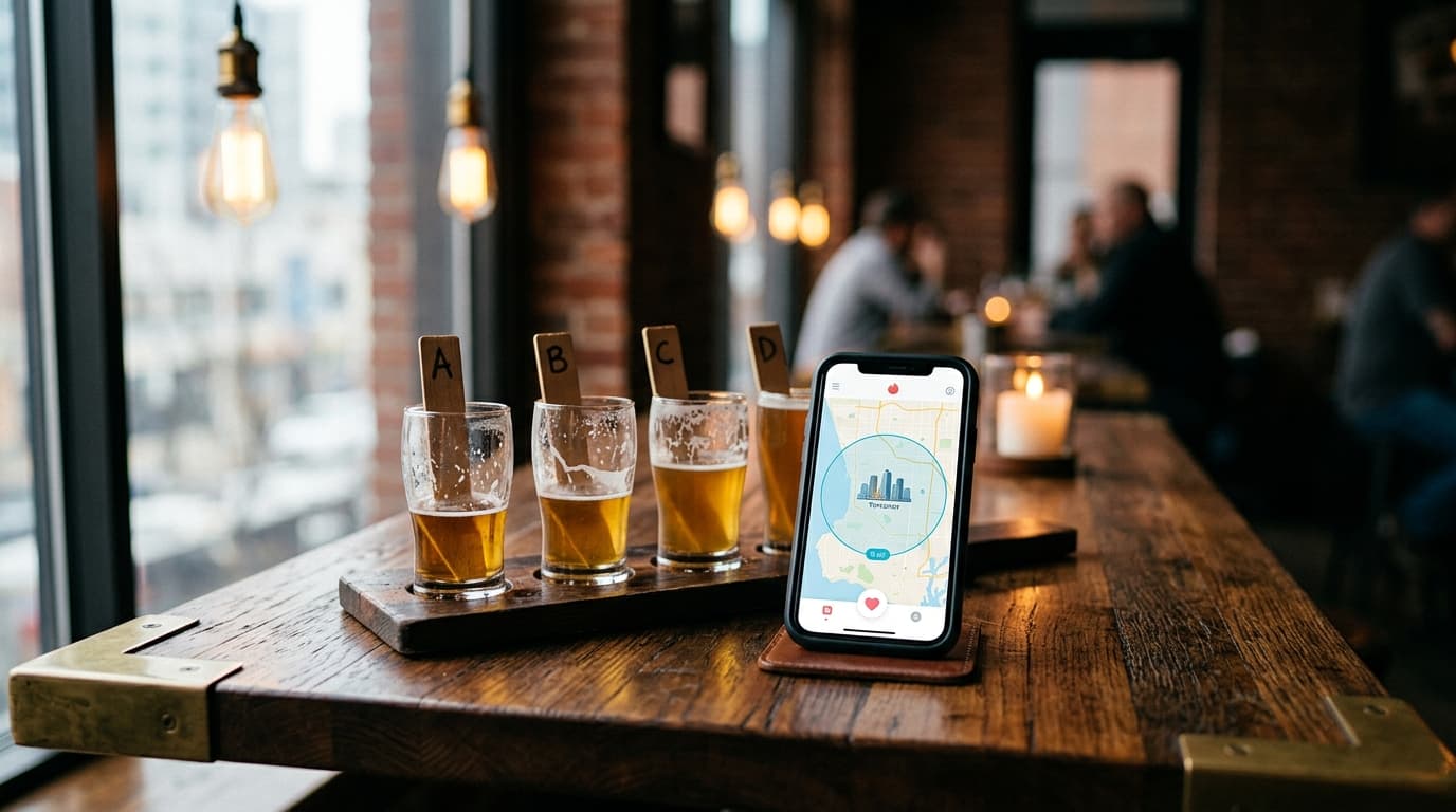 A sunlit wooden table holds a half-finished craft beer flight next to a smartphone displaying a Hinge map set to a tight f...
