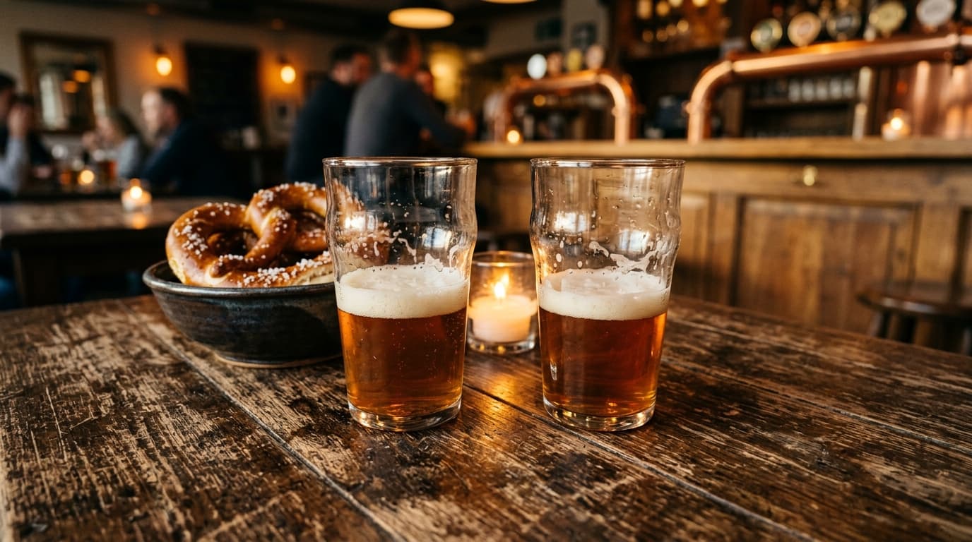 Extreme close-up 24mm wide-angle shot of a rustic wooden table at a brewery. Two half-poured amber craft beers sit next to...