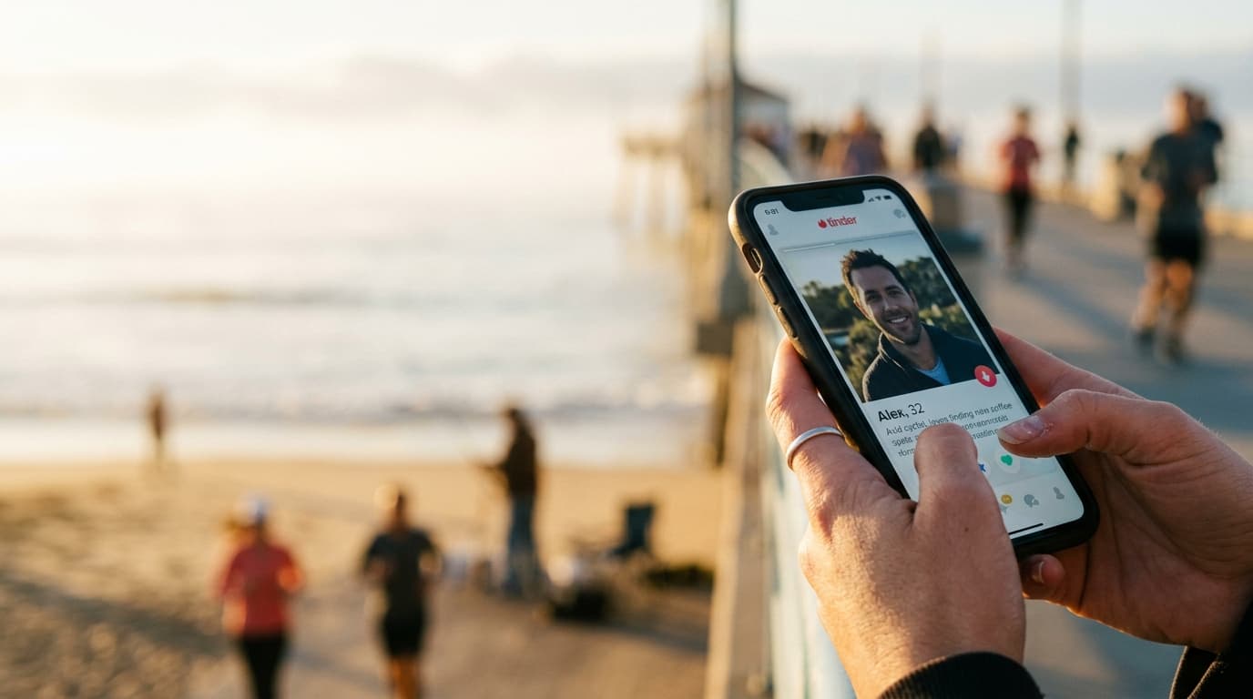 A 35mm documentary shot at golden hour: a close-up of a hand holding a smartphone showing a Tinder profile, offset right a...