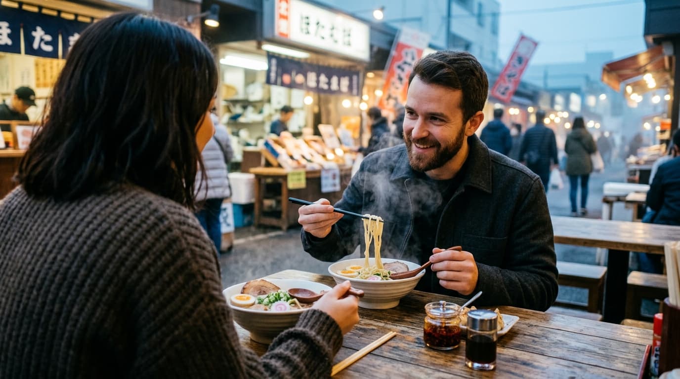 An over-the-shoulder view of a couple sharing steaming bowls of ramen at a wooden Mitsuwa marketplace table, blue hour glo...