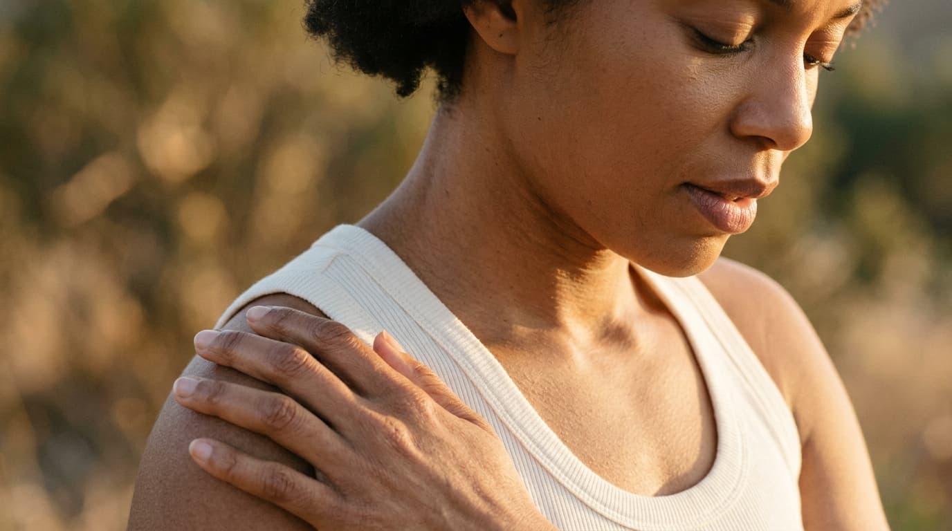 Extreme macro shot of a woman’s steady, rhythmic breathing as she touches her own shoulder. Soft golden light illuminates...