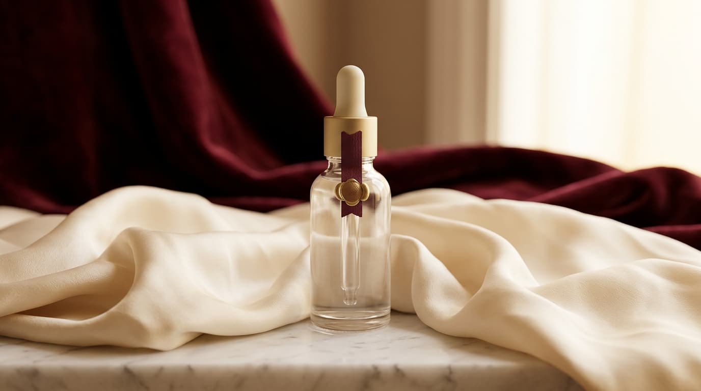 A pristine glass dropper bottle labeled with a purity seal sits on a white marble surface, surrounded by a delicate silk c...