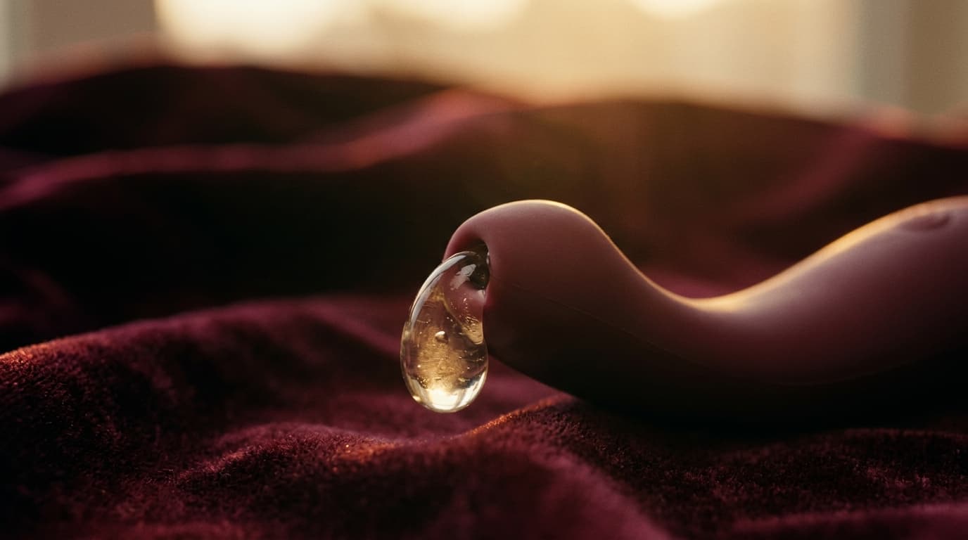 A translucent, thick gel bead clings to the tip of a sleek, medical-grade silicone suction device. It rests on a plush, da...