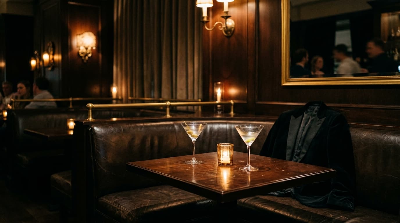 A medium shot at a corner booth in a moody Adams Morgan hotel bar. Two half-empty martini glasses sit on a polished wood t...