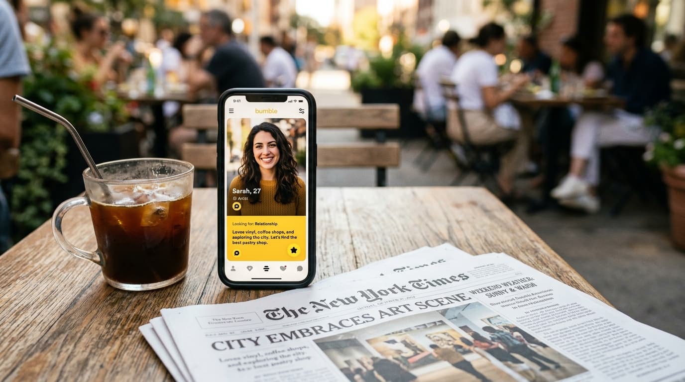 A sun-drenched, overhead flat-lay of a smartphone displaying a Bumble profile, resting on a wooden bistro table next to a...